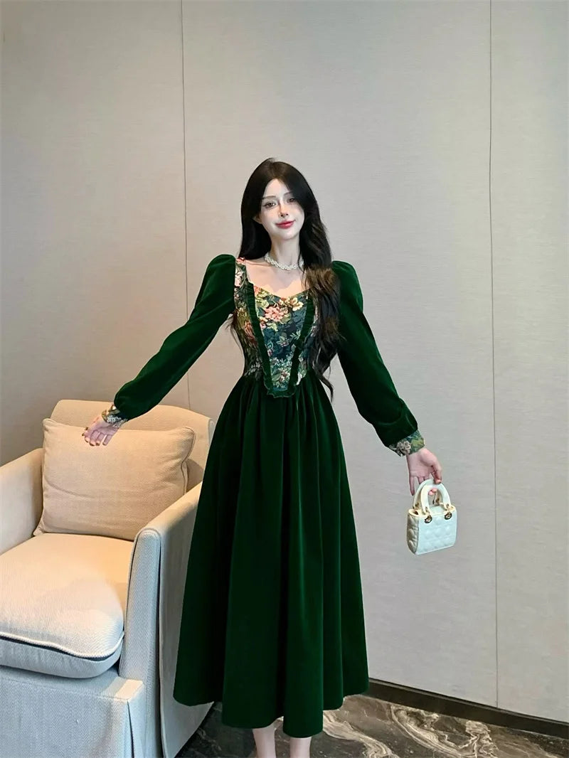 Women Green Velvet Long Sleeve Party Dress