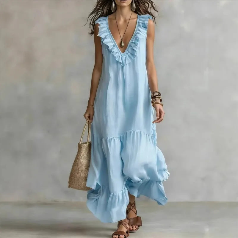 New Women's Casual Sleeveless V‑Neck Large Swing Dress