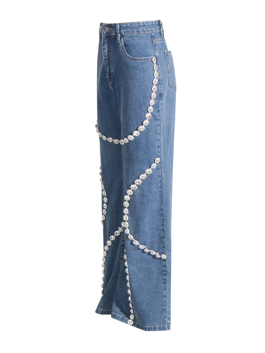 High Waist Spliced Solid Patchwork Diamonds Straight Jeans