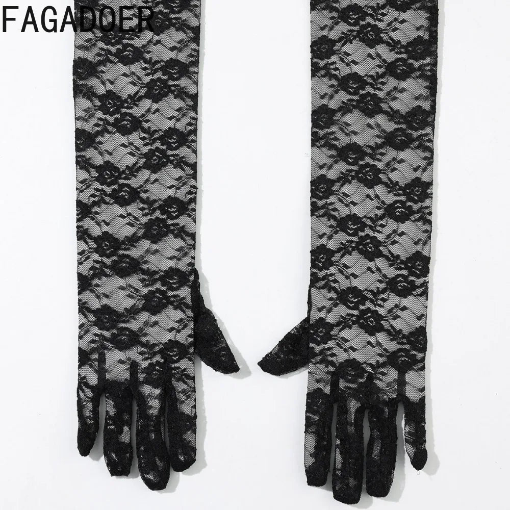 Vintage Elegant Lace Mesh See Through Bandage Dresses +Lace Gloves