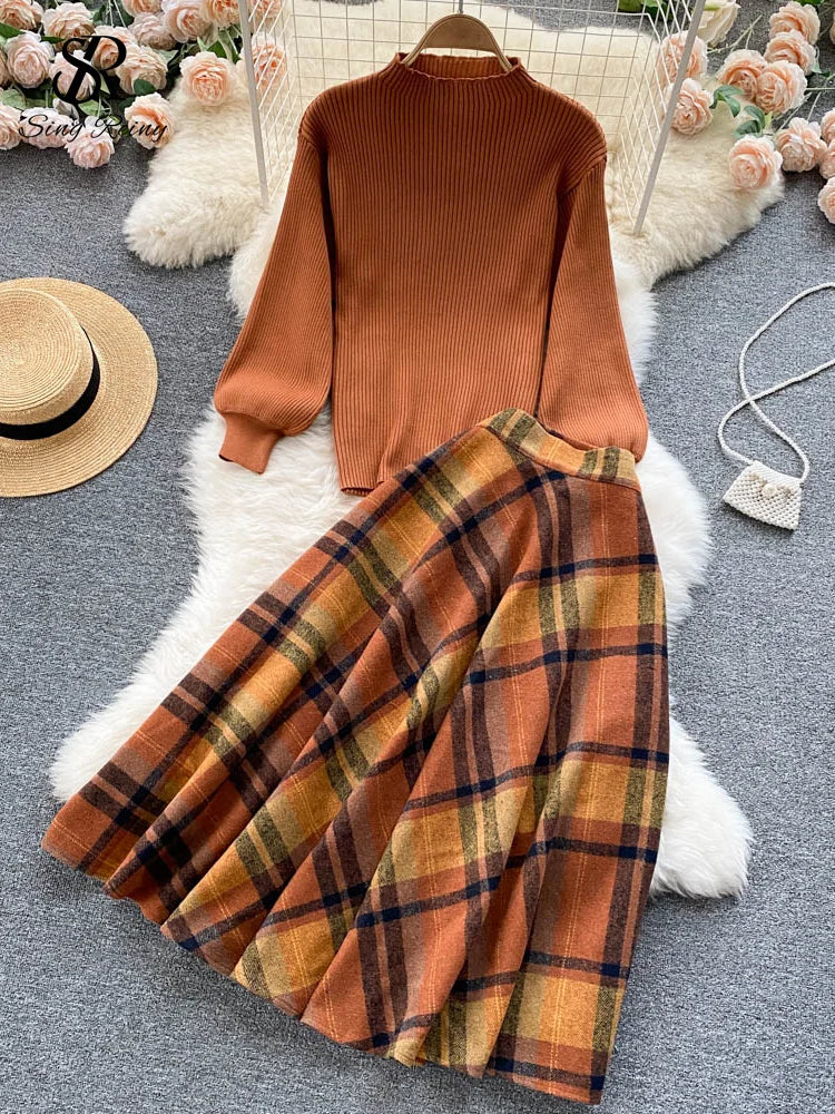 Fashion Lantern Sleeve Sheath Knitted Top+Elastic Loose Long Skirt Two Pieces Sets