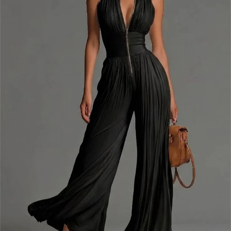 Fashion Sexy Deep V Neck Zip Jumpsuit