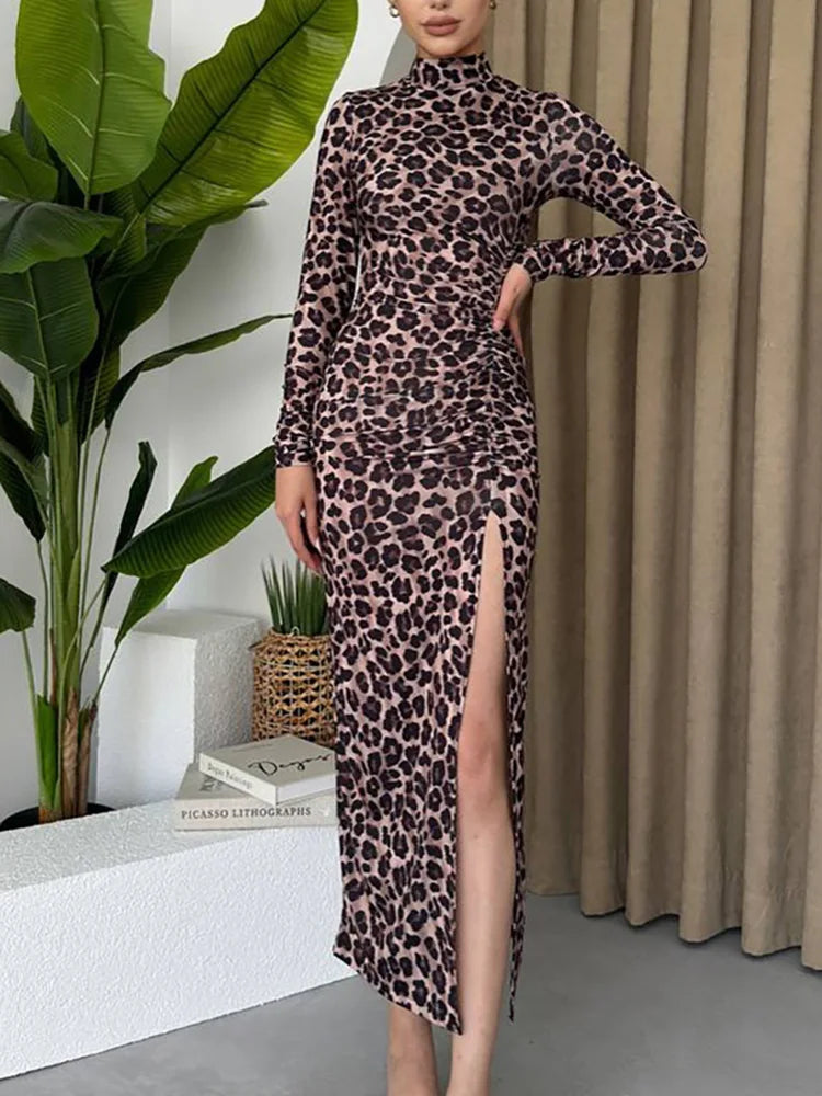 Half High Collar Leopard Print Sheath Dress