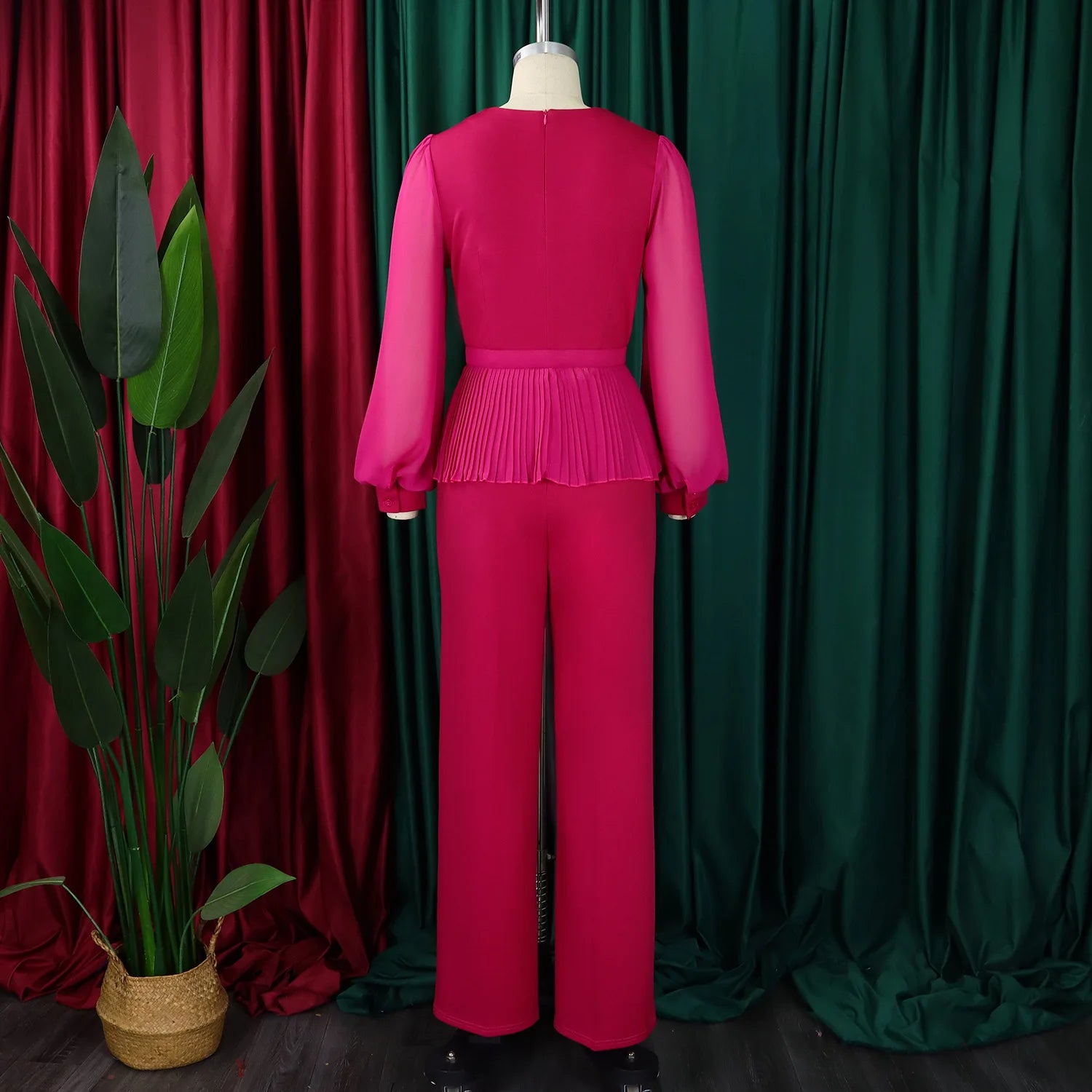 Long Sleeve V Neck Waist Belt Peplum Belly Cover with Full Wide Leg Pants