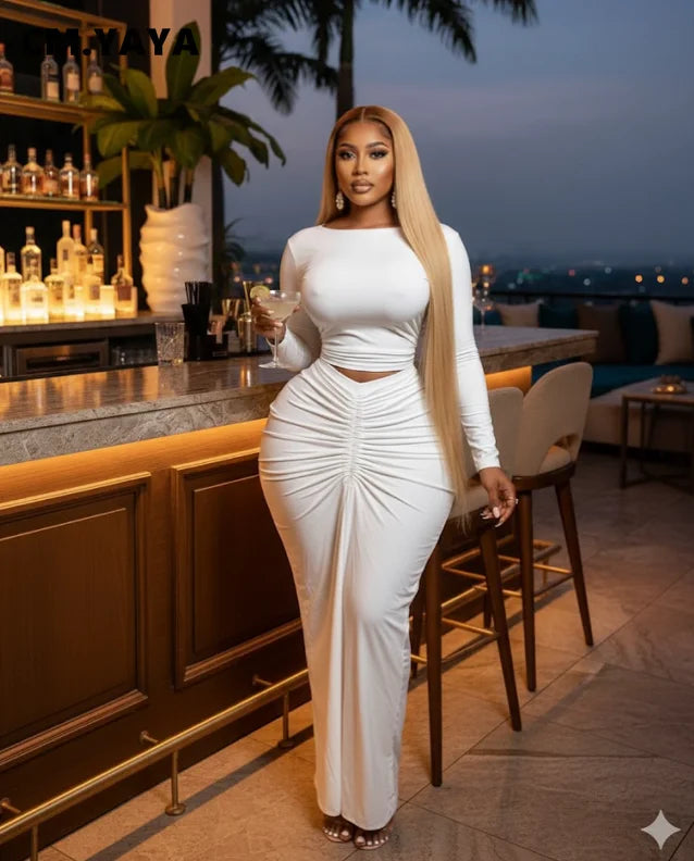 Fashion Ruched Crop Tops and Bodycon Long Skirts Suit
