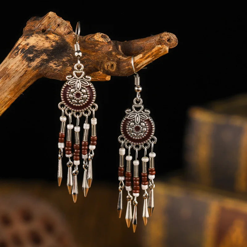 Bohemian Cute Drop Geometric Enamel Handmade Beads Tassel Vintage Boho Earrings