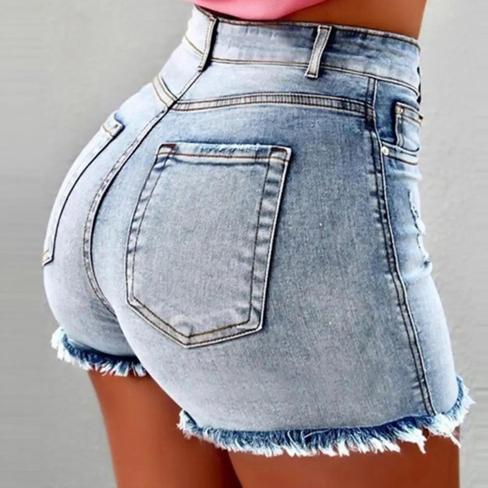 Retro Distressed Ripped Edge  High Waist Washed Butt-lifted Slim Fit Side Pockets  Shorts