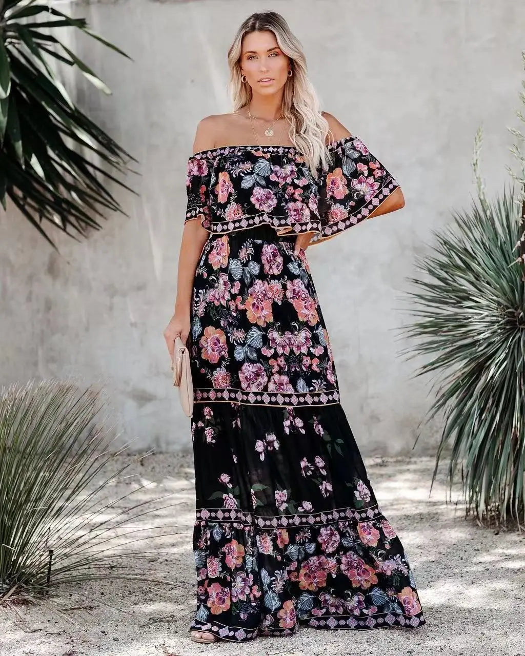 Spring Summer Red Floral One-Shoulder Lace-Up Maxi Dress