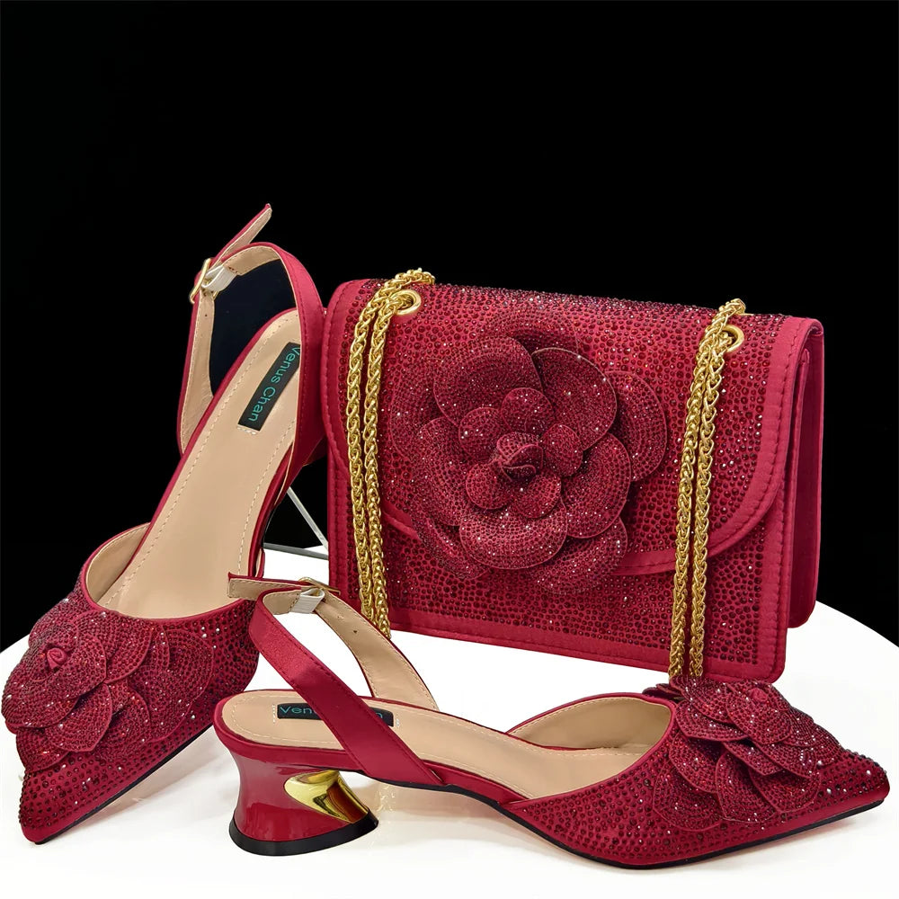 Italian Design Evening Shoes And Bags Paired With Handmade Petal Gold Colour Pointed Toe Mid-Heel Shoes For Women Party Shoes