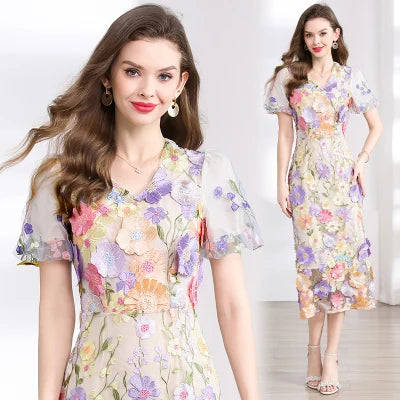 Summer High-end Embroidery Lace 3D Flower Short Sleeve Long Dress