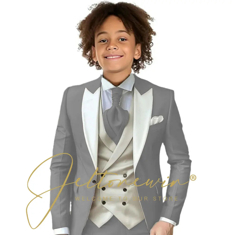 Kids Formal Wedding Suit – Jacket, Pants & Ivory Vest Tuxedo Set
