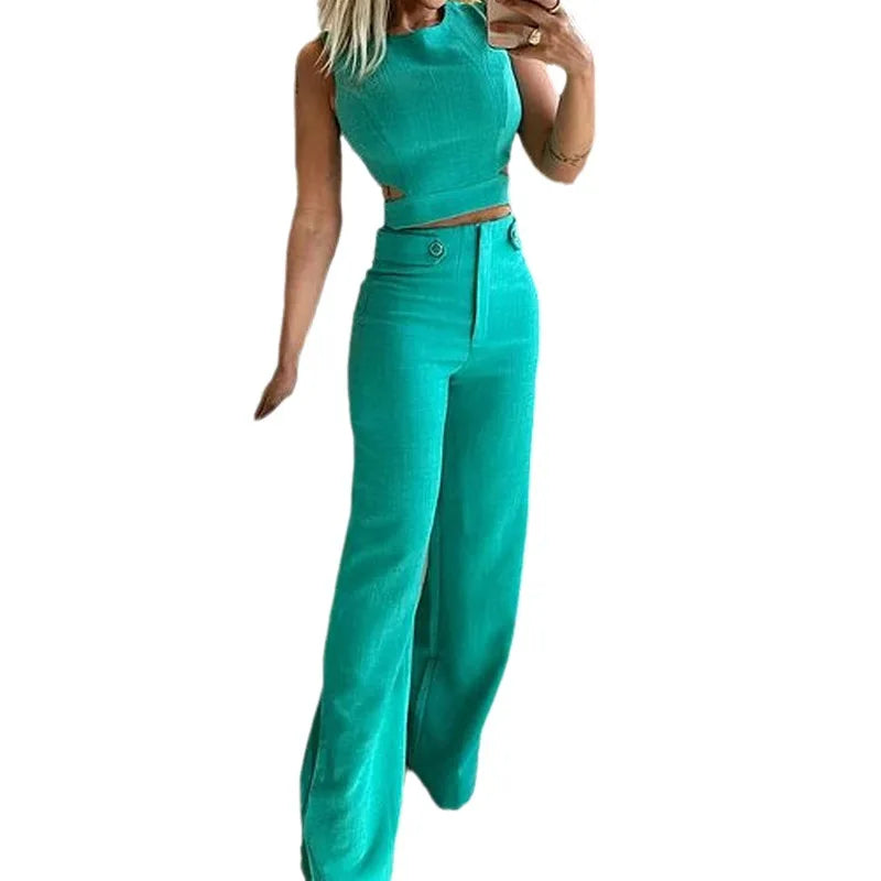 Tight Hollow Out Cropped Top High Waist Long Pants Suits