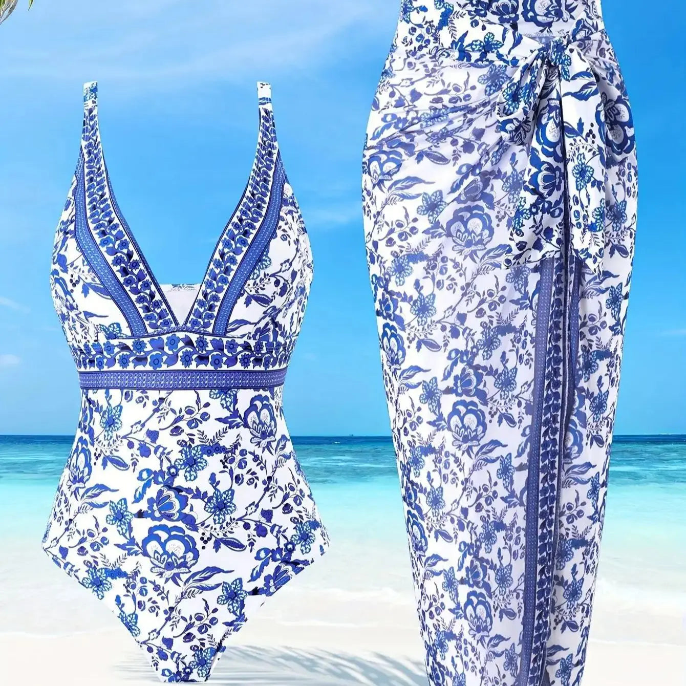 One-Shoulder Ruffled Print Floral Swimsuit Set