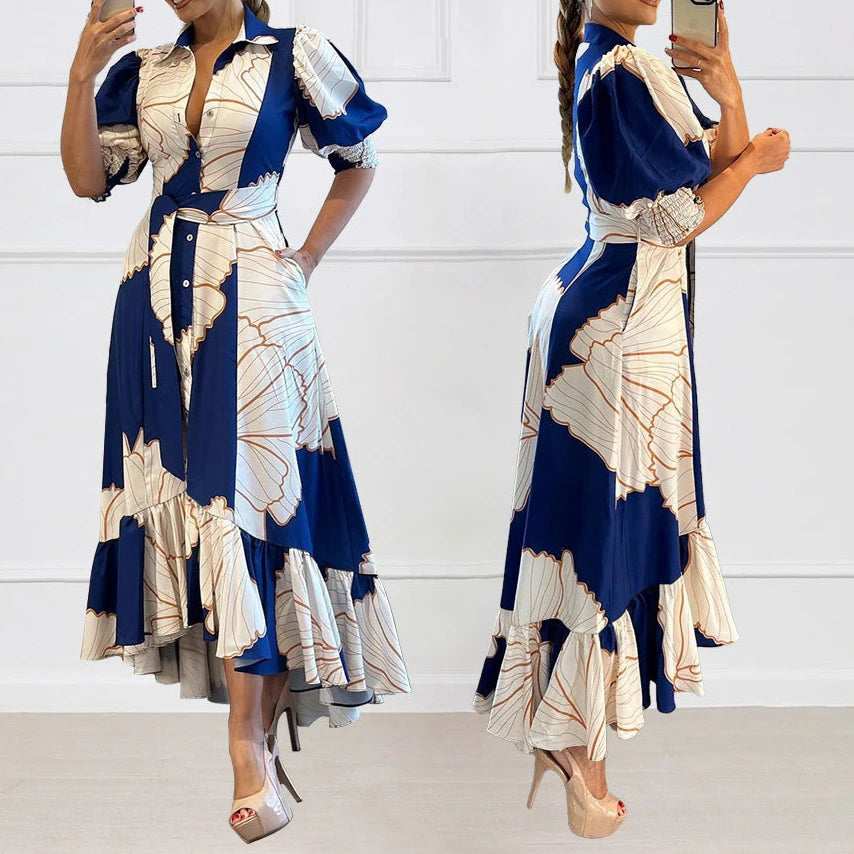 Long Print Elegant Office A Line Half Sleeves High Waist Maxi Dress
