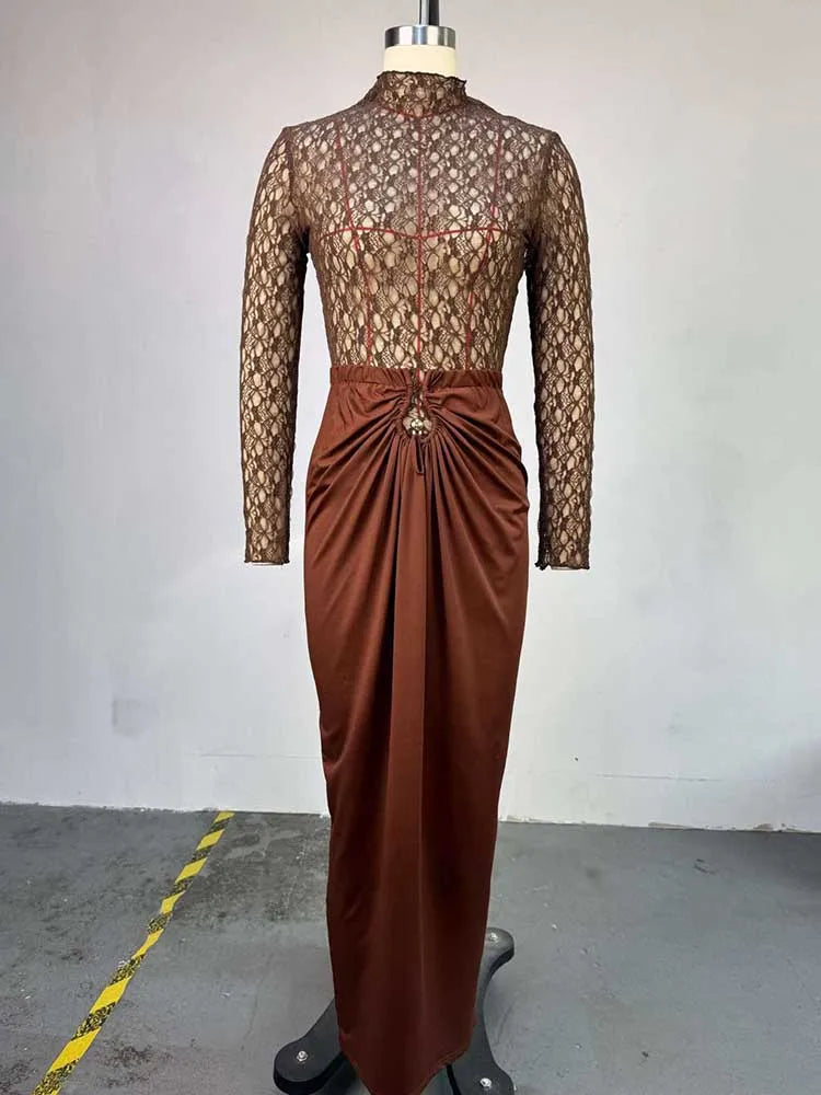 Brown Lace Top Long Sleeves Chic Pleated Long Skirt