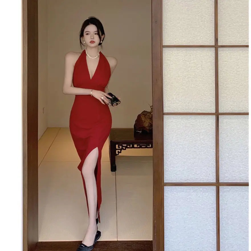 Women Sleeveless Chest Wrap Maxi Dress Split Deep Sexy V Neck Party Elegant Red Evening Dresses Summer Female Fashion Mini Robe