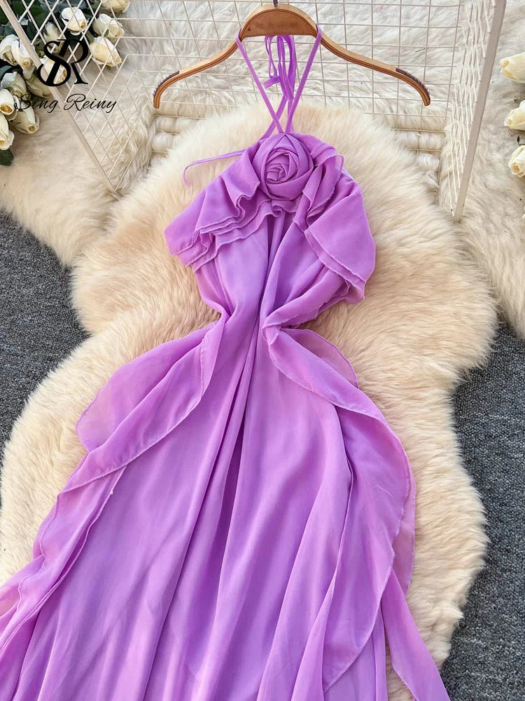 Summer 3D Floral Halter Backless Chiffon Dress