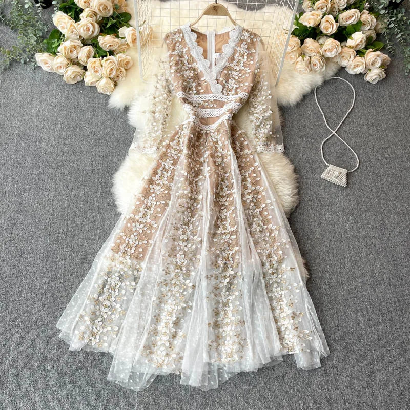 Elegant V Neck 3/4 Sleeve Embroidery Lace Floral Mesh Dress