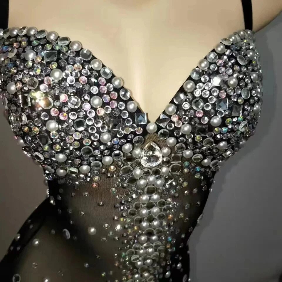 Sparkly Silver Crystals Rhinestones Bodysuit