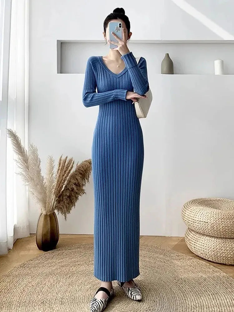 Spring Soft Knitwear V-neck Slim Long Knitted Dress