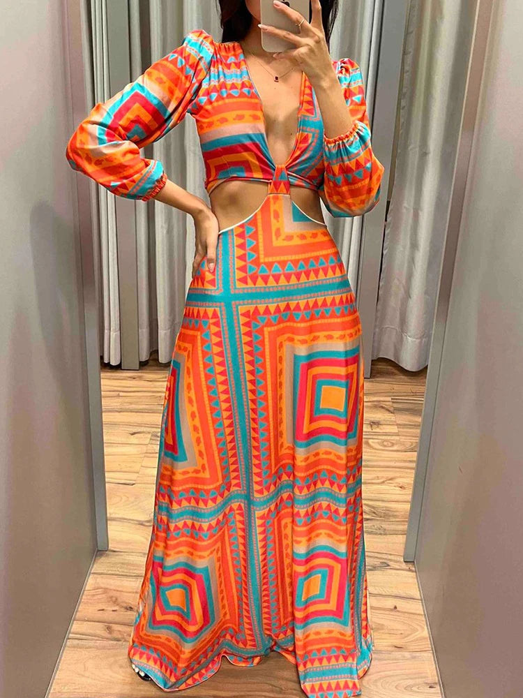 Spring Summer Sexy Lace Up Midriff High Slit Allover Print Maxi Dresses