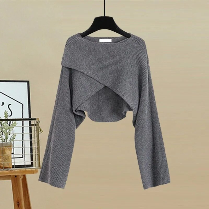 Spring and Autumn Cross Knitted Sweater Age Reducing Sling Dress Two Piece Set