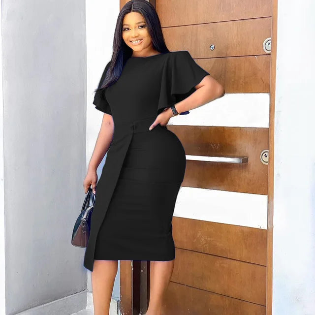 Summer Lotus Sleeve Round Neck Irregular Solid Color High Waist Elegant Dress