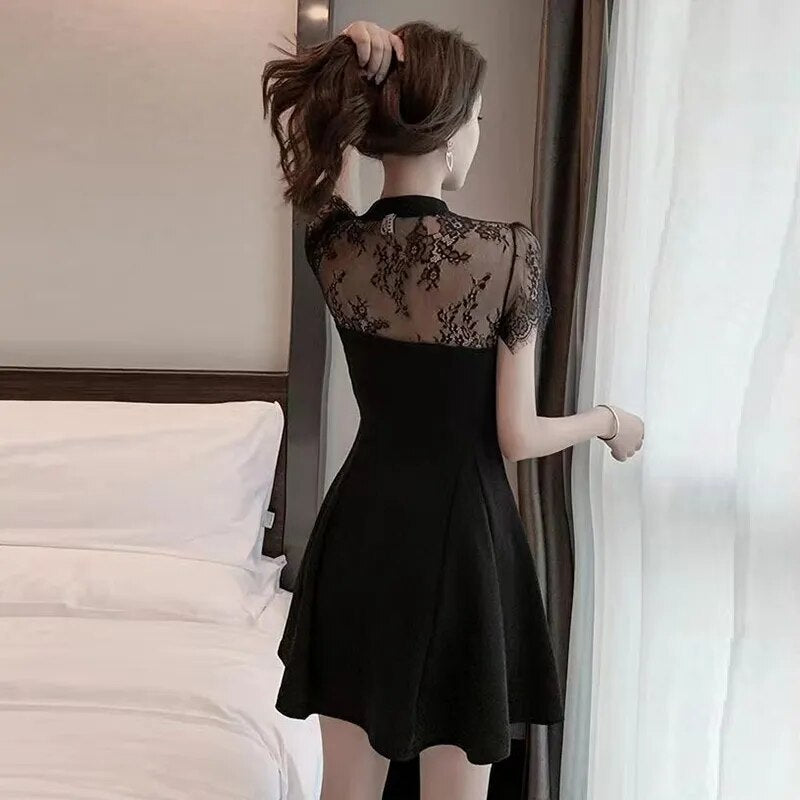 Summer Stand Collar Lace Patchwork Slim Dress