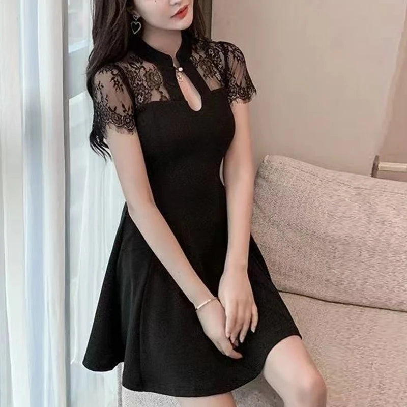 Summer Stand Collar Lace Patchwork Slim Dress