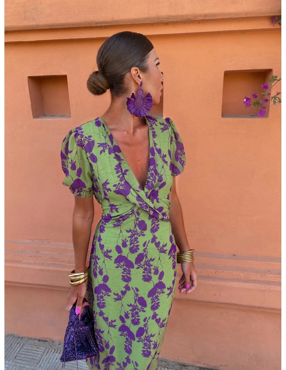 Summer  Contrasting Print Elegant Slim V Neck Short Sleeve Maxi Dresses