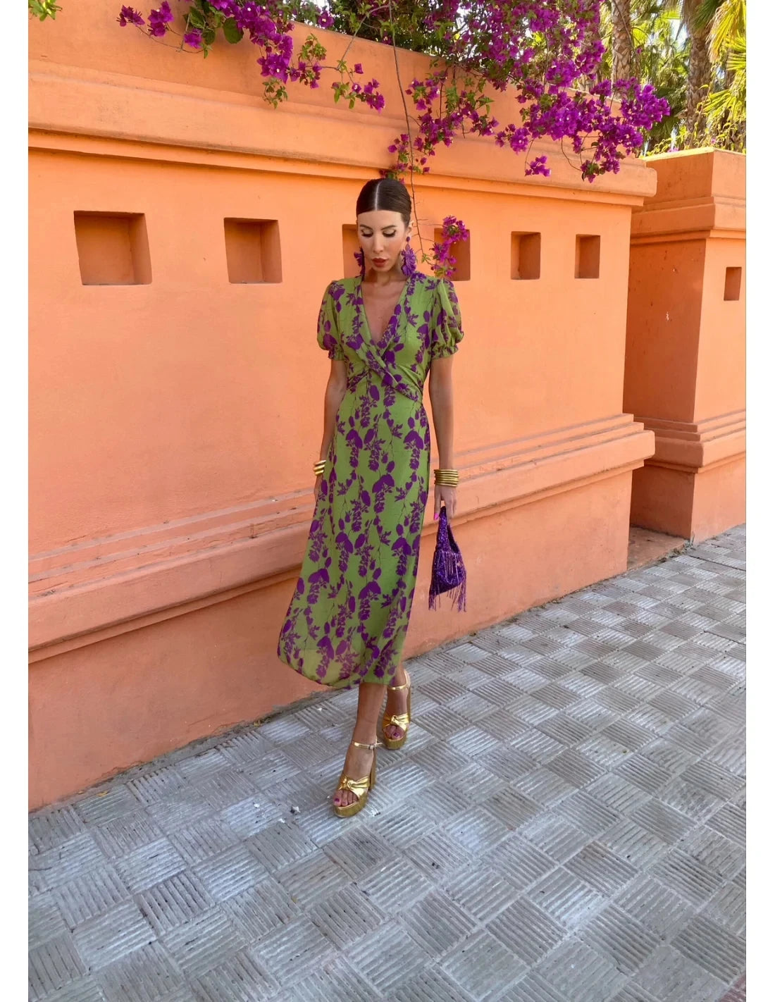 Summer  Contrasting Print Elegant Slim V Neck Short Sleeve Maxi Dresses