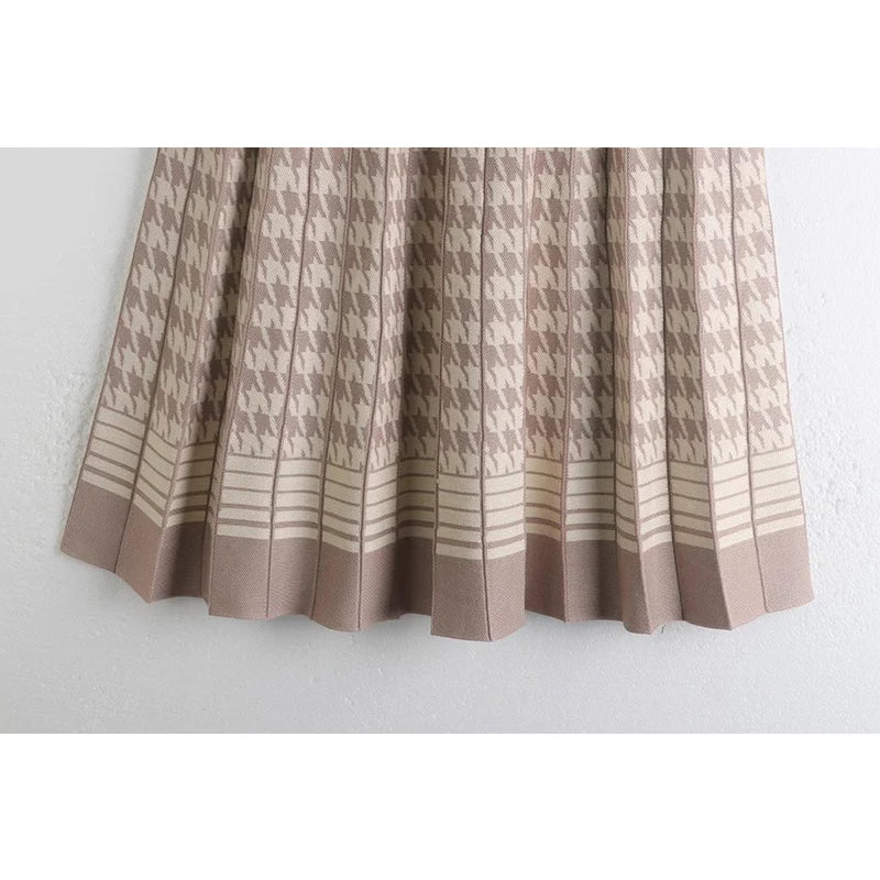 2023 Autumn Winter Vintage Houndstooth Knitted High Waist Pleated Midi Long Skirt