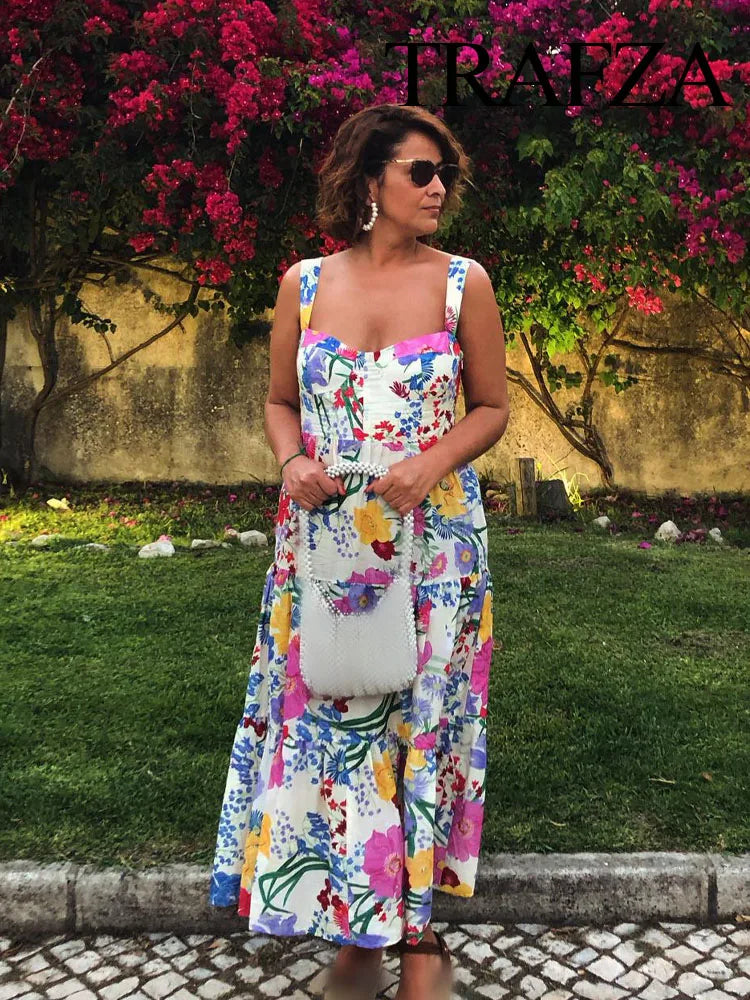 Summer Fashion  Print Square Collar Sleeveless Backless Pleated Zipper  Beach Style Long Dress