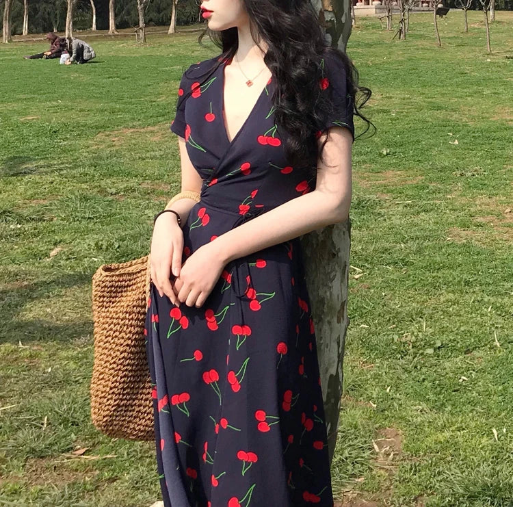 Vintage V-neck Cherry Print Summer Wrap Dress