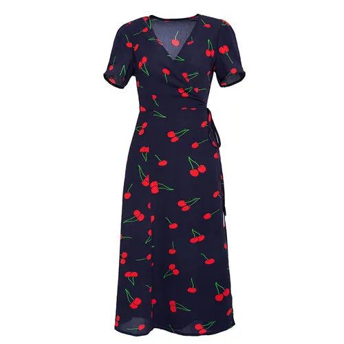 Vintage V-neck Cherry Print Summer Wrap Dress