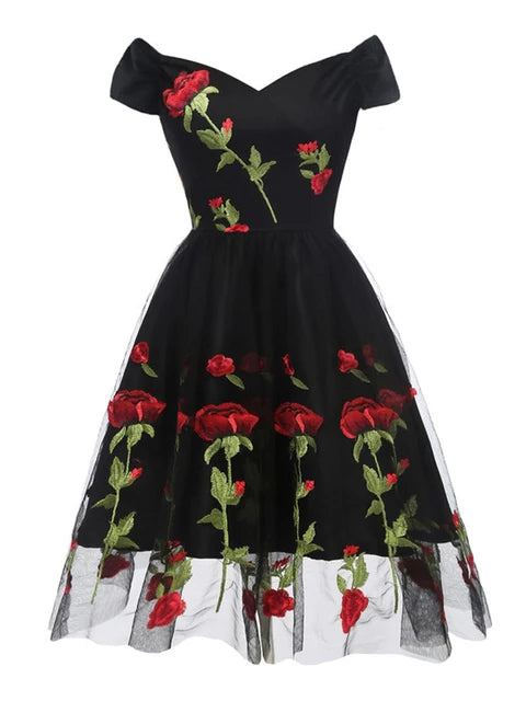 Rose Floral Embroidered V-Neck Mesh Overlay Elegant Party Dress