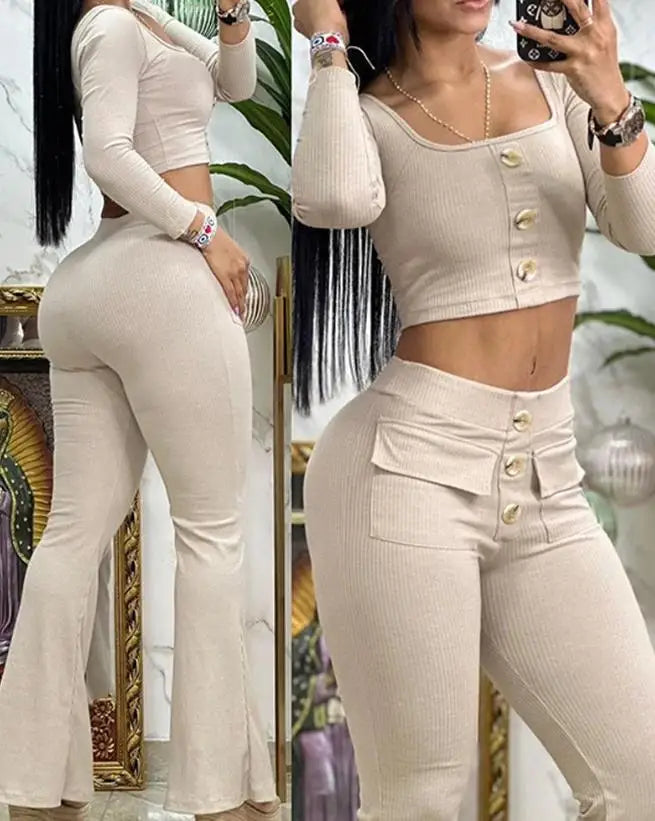 2023 Summer Fashion Square Neck Long Sleeve Buttoned Top & Pocket Design High Waist Flared Pants Set