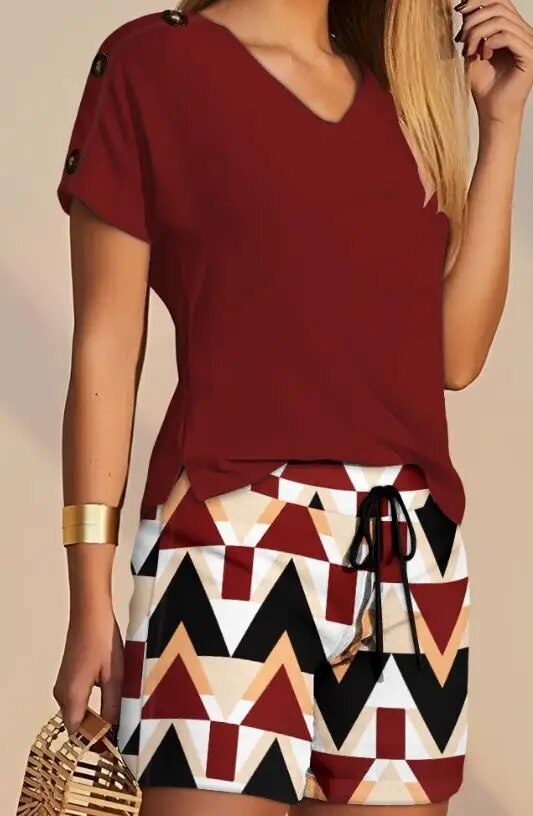 2023 Summer Fashion V-Neck Short Sleeve Top & Casual Geometric Print Drawstring High Waist Shorts Set