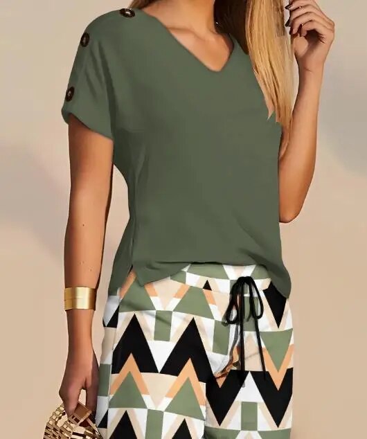 2023 Summer Fashion V-Neck Short Sleeve Top & Casual Geometric Print Drawstring High Waist Shorts Set