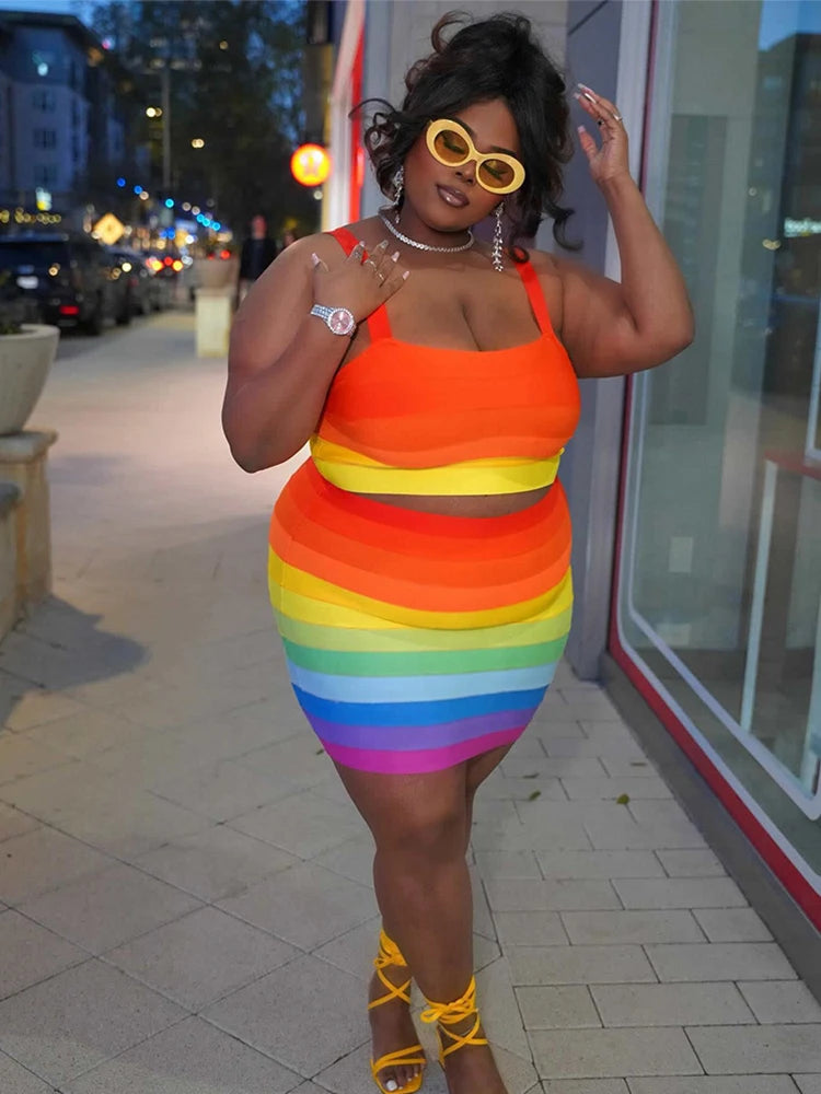 Rainbow Print Summer Strap Crop Top Y2k Skirt Set