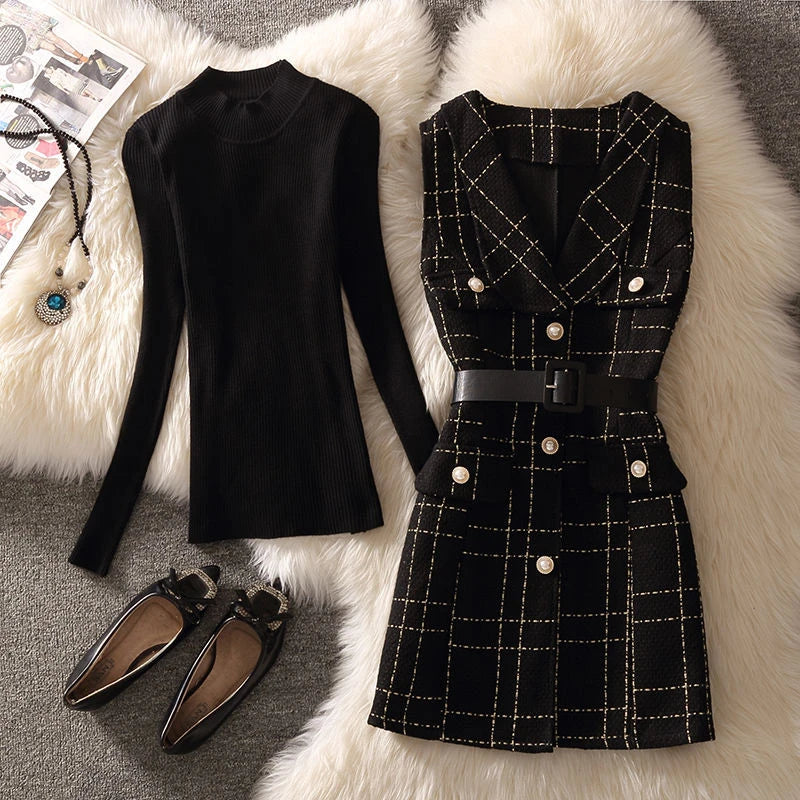 Vintage Mid-length 75cm Plaid Tweed Vest Jacket Women 2 Piece Set