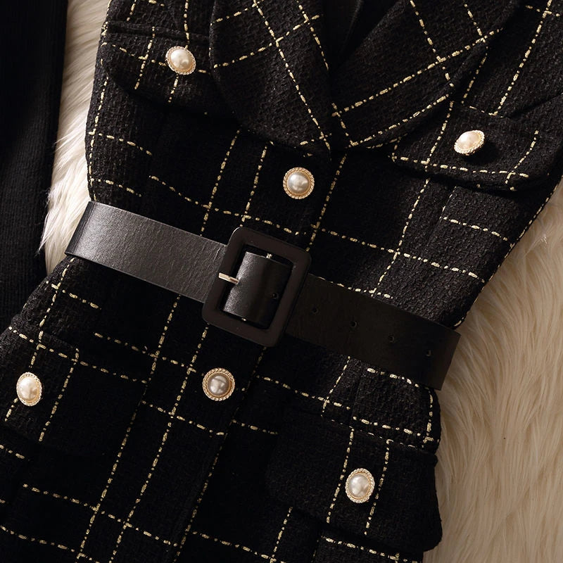Vintage Mid-length 75cm Plaid Tweed Vest Jacket Women 2 Piece Set