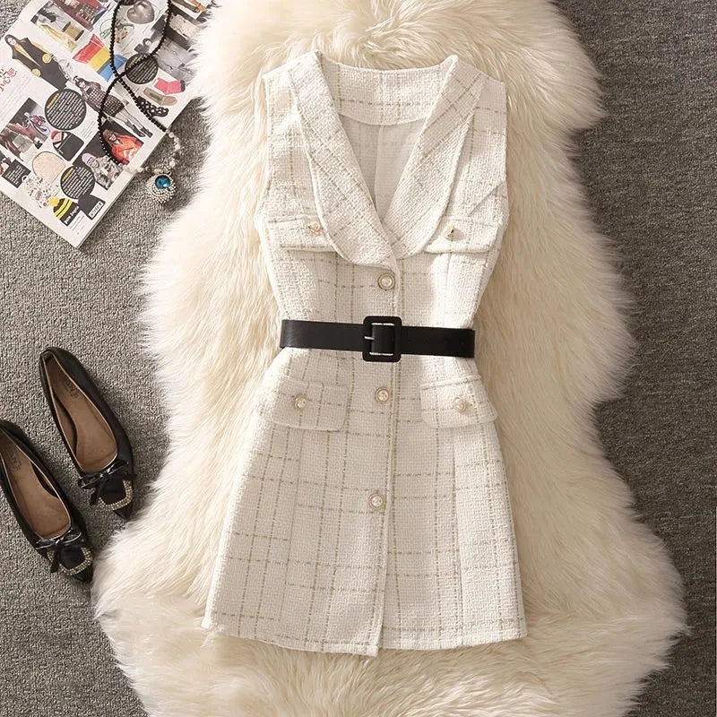Vintage Mid-length 75cm Plaid Tweed Vest Jacket Women 2 Piece Set