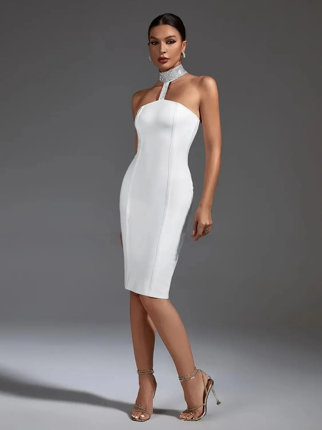 White Elegant  Bodycon Halter Neck Sexy Backless Dress