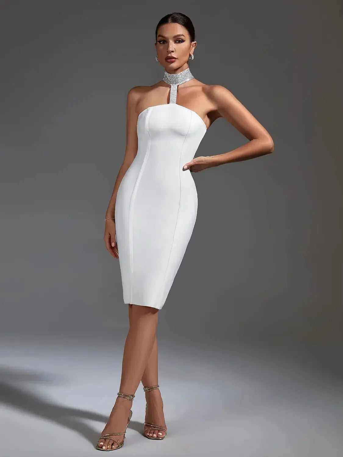 White Elegant  Bodycon Halter Neck Sexy Backless Dress