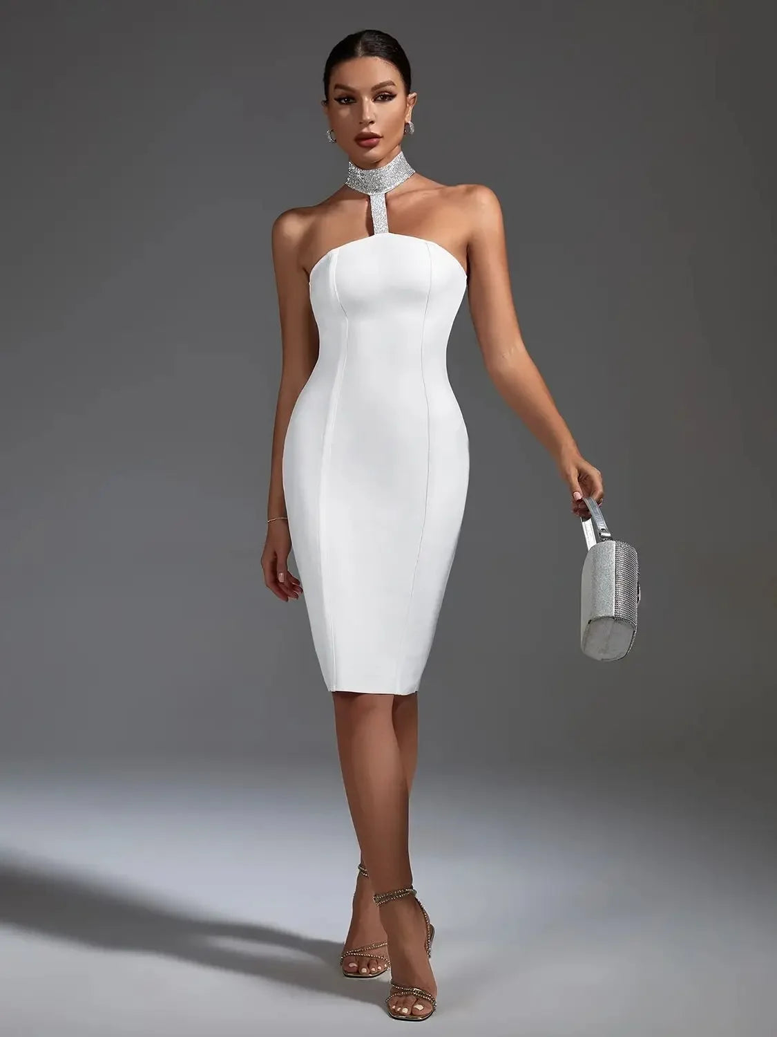 White Elegant  Bodycon Halter Neck Sexy Backless Dress