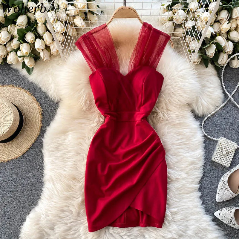 Summer Sleeveless Solid Mesh Patch Elegant Pleated Bodycon Dress