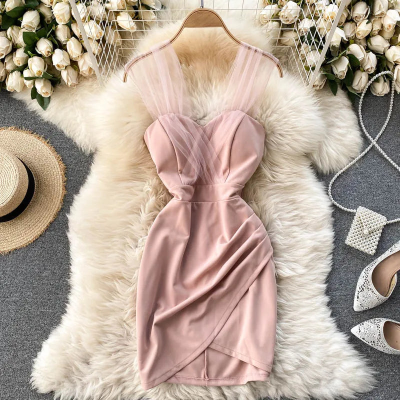 Summer Sleeveless Solid Mesh Patch Elegant Pleated Bodycon Dress