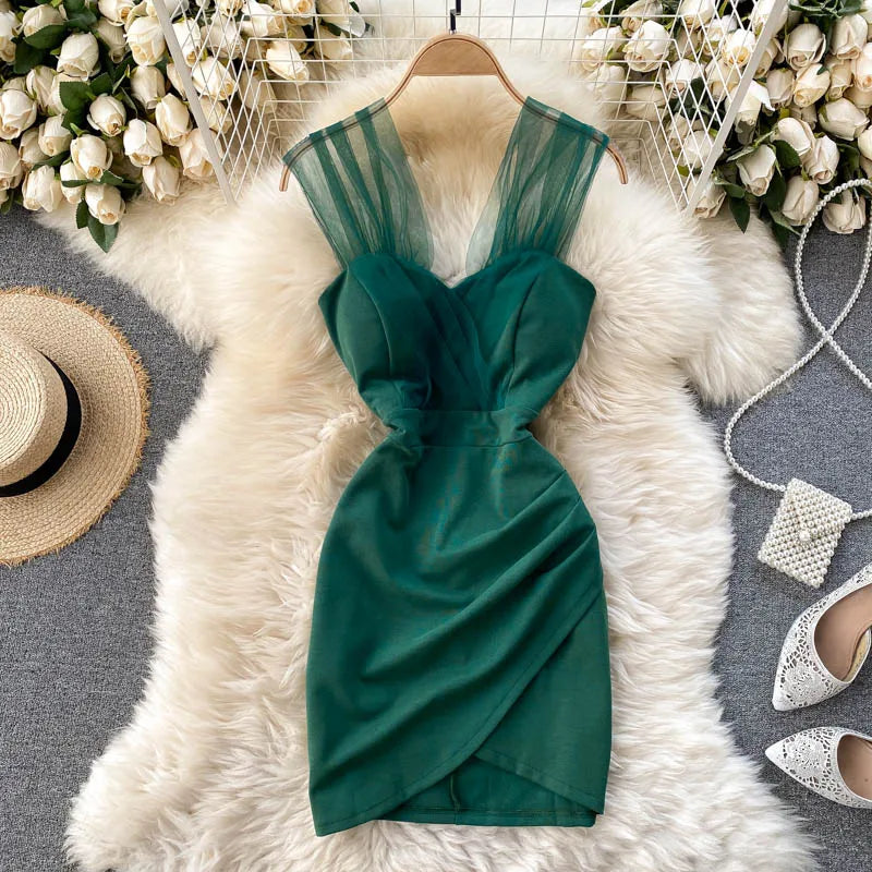 Summer Sleeveless Solid Mesh Patch Elegant Pleated Bodycon Dress