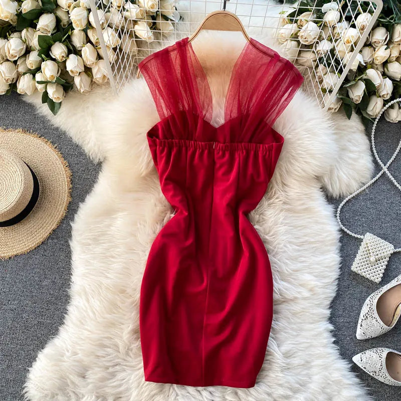 Summer Sleeveless Solid Mesh Patch Elegant Pleated Bodycon Dress
